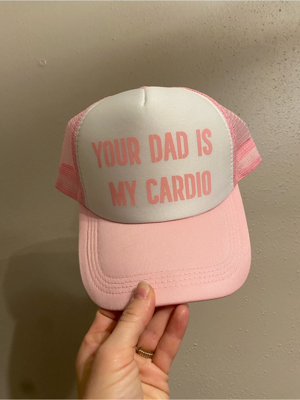 Pink Trucker Hat with 'YOUR DAD IS MY CARDIO' Slogan
